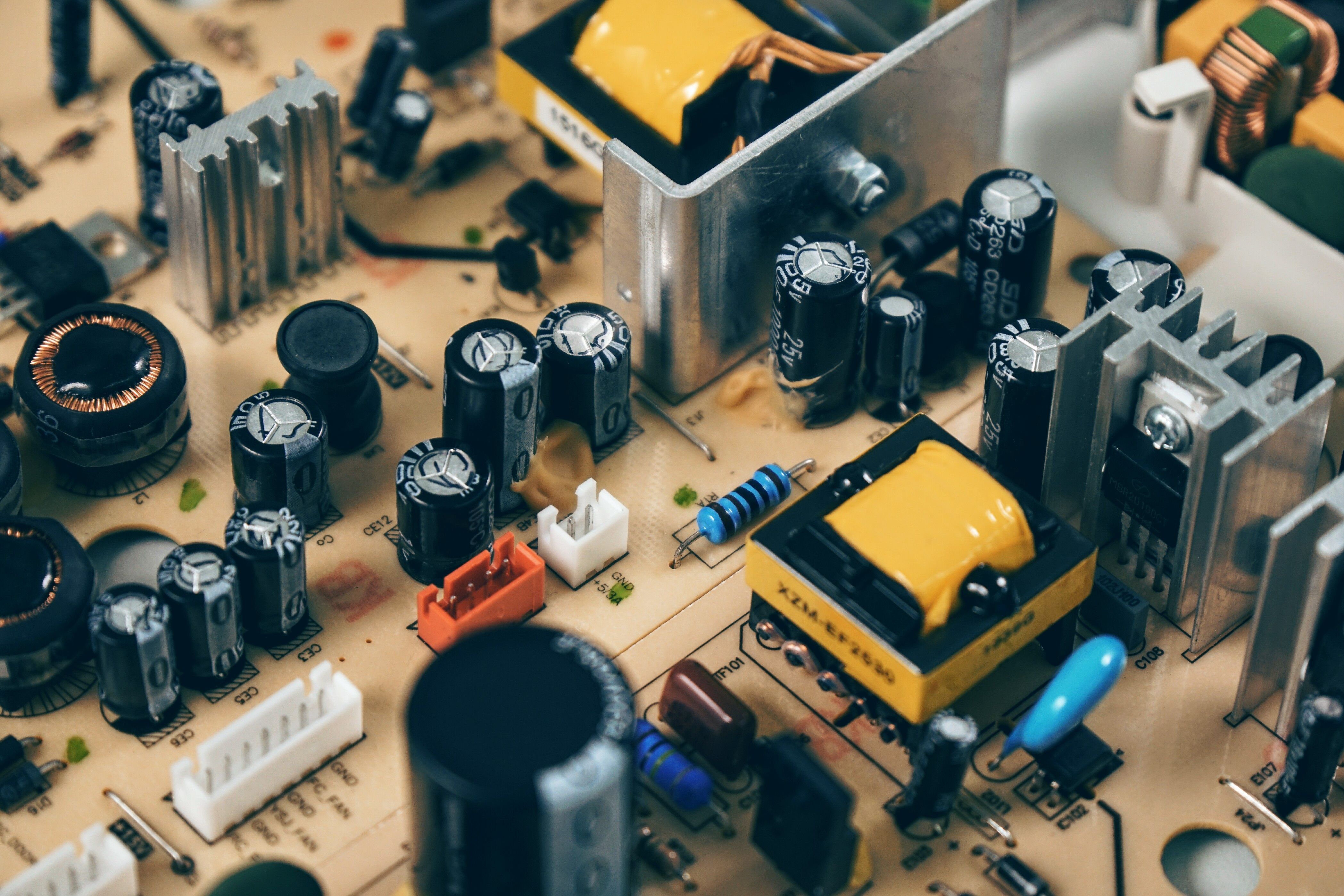 Detailed electronic components on a circuit board